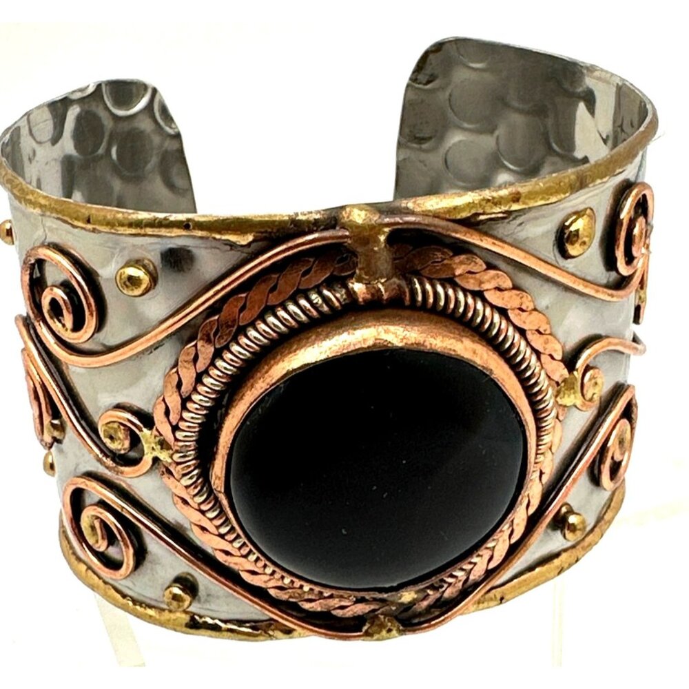 Boho Chic Hammered Cuff Bracelet Black Stone Mixed Toned Metal Western Rustic